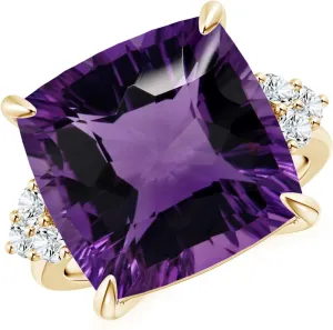 Angara Natural GIA Certified Cushion 13.07 ct Amethyst Engagement Ring with Trio Diamonds in 14K Solid Gold/Platinum for Women | February Birthstone Jewelry for Women