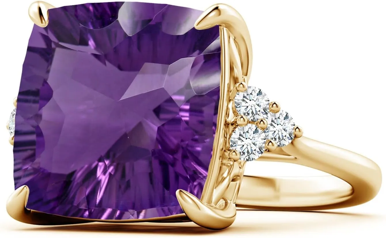 Angara Natural GIA Certified Cushion 13.07 ct Amethyst Engagement Ring with Trio Diamonds in 14K Solid Gold/Platinum for Women | February Birthstone Jewelry for Women