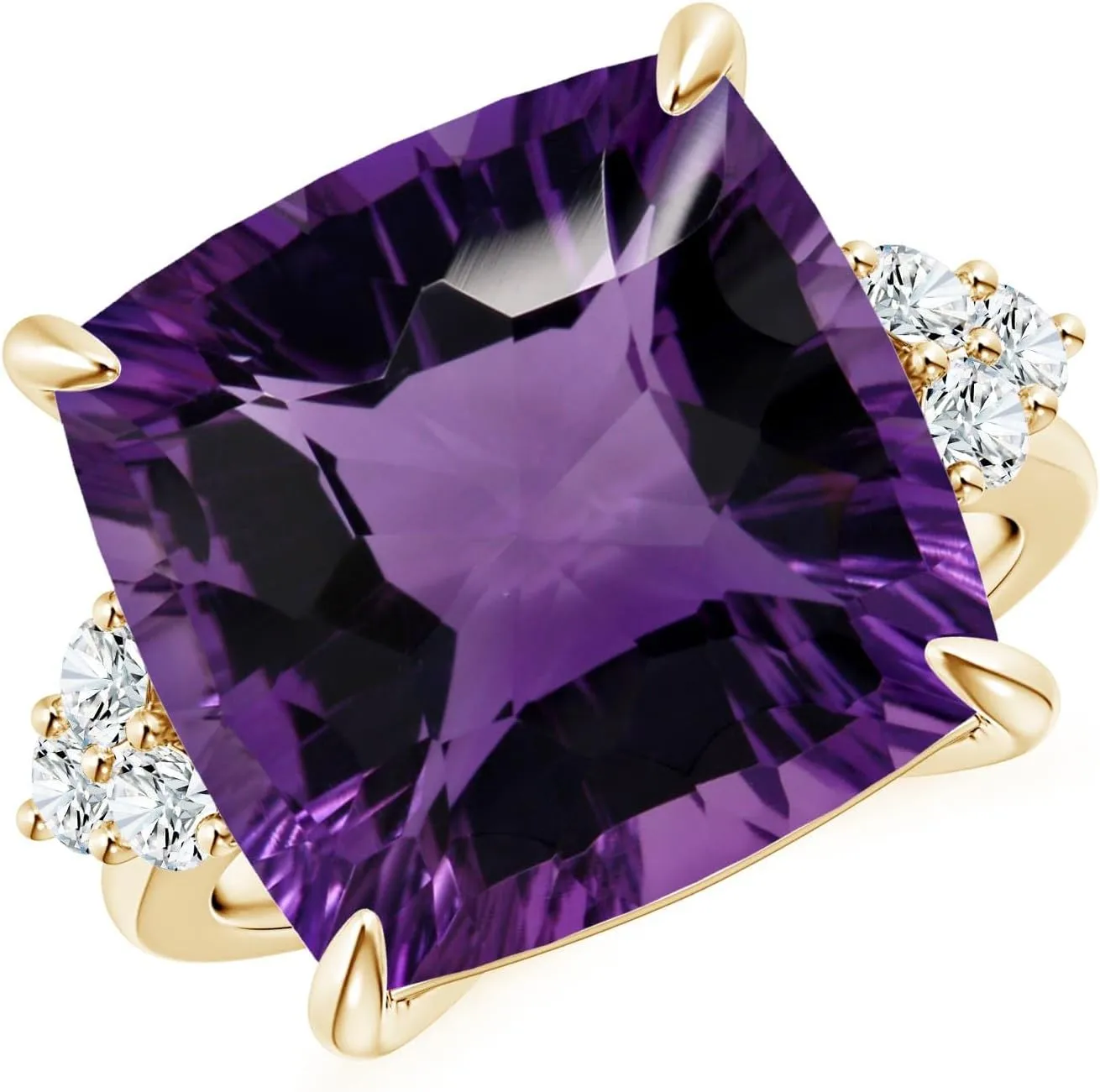 Angara Natural GIA Certified Cushion 13.07 ct Amethyst Engagement Ring with Trio Diamonds in 14K Solid Gold/Platinum for Women | February Birthstone Jewelry for Women