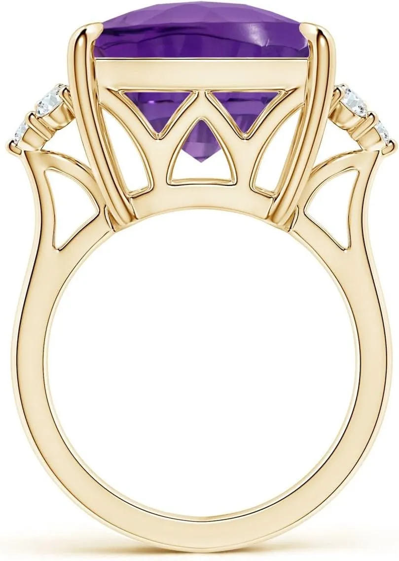 Angara Natural GIA Certified Cushion 13.07 ct Amethyst Engagement Ring with Trio Diamonds in 14K Solid Gold/Platinum for Women | February Birthstone Jewelry for Women