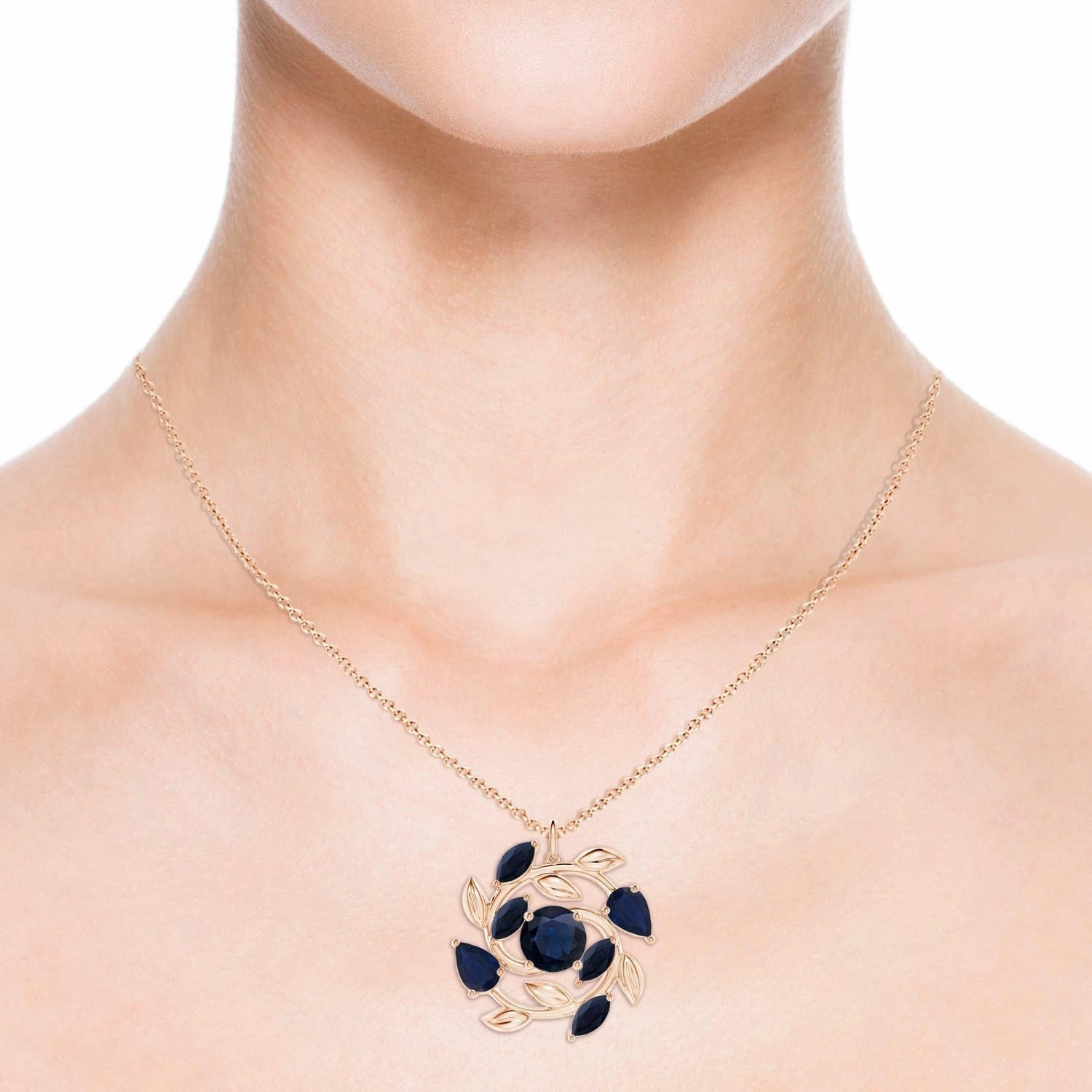 Angara Natural Blue Sapphire Olive Branch Pendant Necklace in 14K Solid Gold | September Birthstone, Birthday, Engagement, Anniversary, Wedding Jewelry Gift for Women
