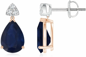 ANGARA Natural Pear-Shaped Sapphire Drop Earrings with Trio Diamonds in Silver / 14K Solid Gold/Platinum | September Birthstone, Birthday, Engagement, Anniversary, Wedding Jewelry Gift for Women