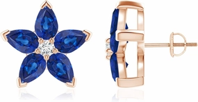 ANGARA Natural V-Prong Set Sapphire and Diamond Flower Stud Earrings in 14K Solid Gold/Platinum | September Birthstone, Birthday, Engagement, Anniversary, Wedding Jewelry Gift for Women