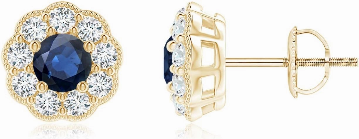 ANGARA Natural Vintage Style Round Sapphire Halo Stud Earrings in Silver / 14K Solid Gold/Platinum | September Birthstone, Birthday, Engagement, Anniversary, Wedding Jewelry Gift for Women