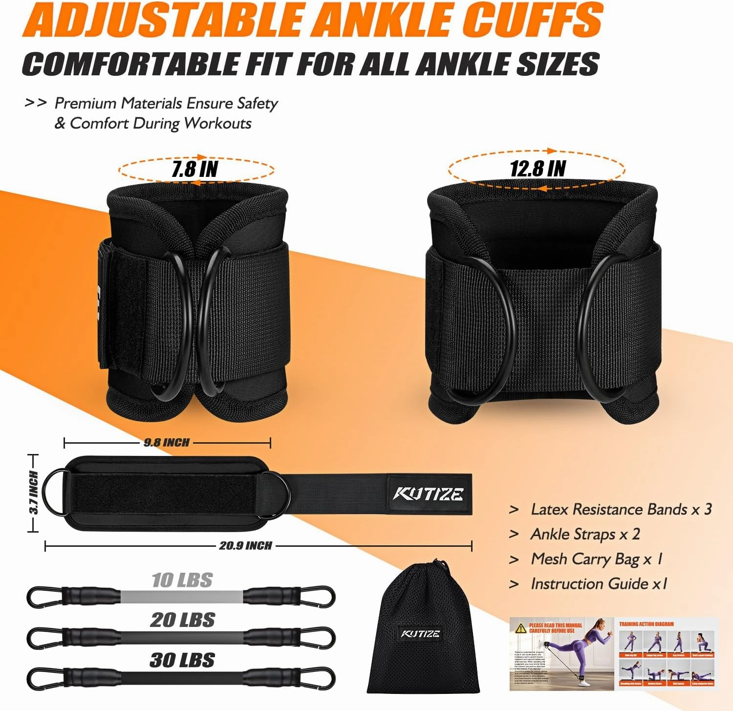 Ankle Resistance Bands with Cuffs for Women & Men - 3-Level Adjustable Leg & Glute Workout Equipment, Portable Home Gym Exercise Bands for Kickbacks, Hip Thrusts, Yoga, Strength Training