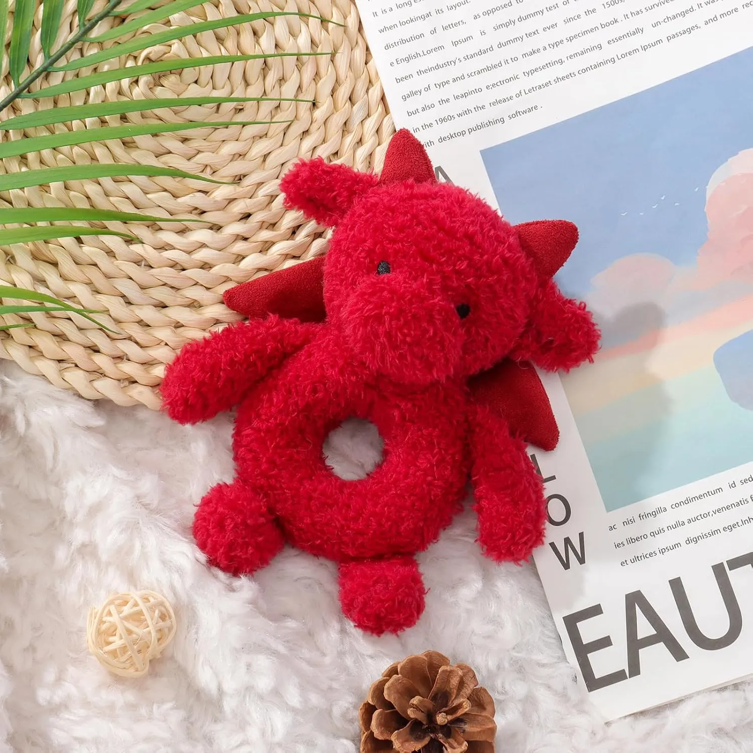 Apricot Lamb Baby Lovey Red Dragon Soft Rattle Toy, Plush Stuffed Animal for Newborn Soft Over 0 Months
