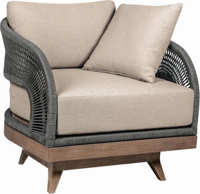 Armen Living Orbit Swivel Outdoor Patio Chair in Weathered Eucalyptus Wood with Gray Rope and Taupe Olefin Cushions