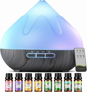 Aroma Diffuser with Essential Oils Set, 500 ML Essential Oil Diffuser with Remote Control, Humidifier with 14 Color Lights for Large Room, 4 Timer Setting, Auto Shut-Off Gray