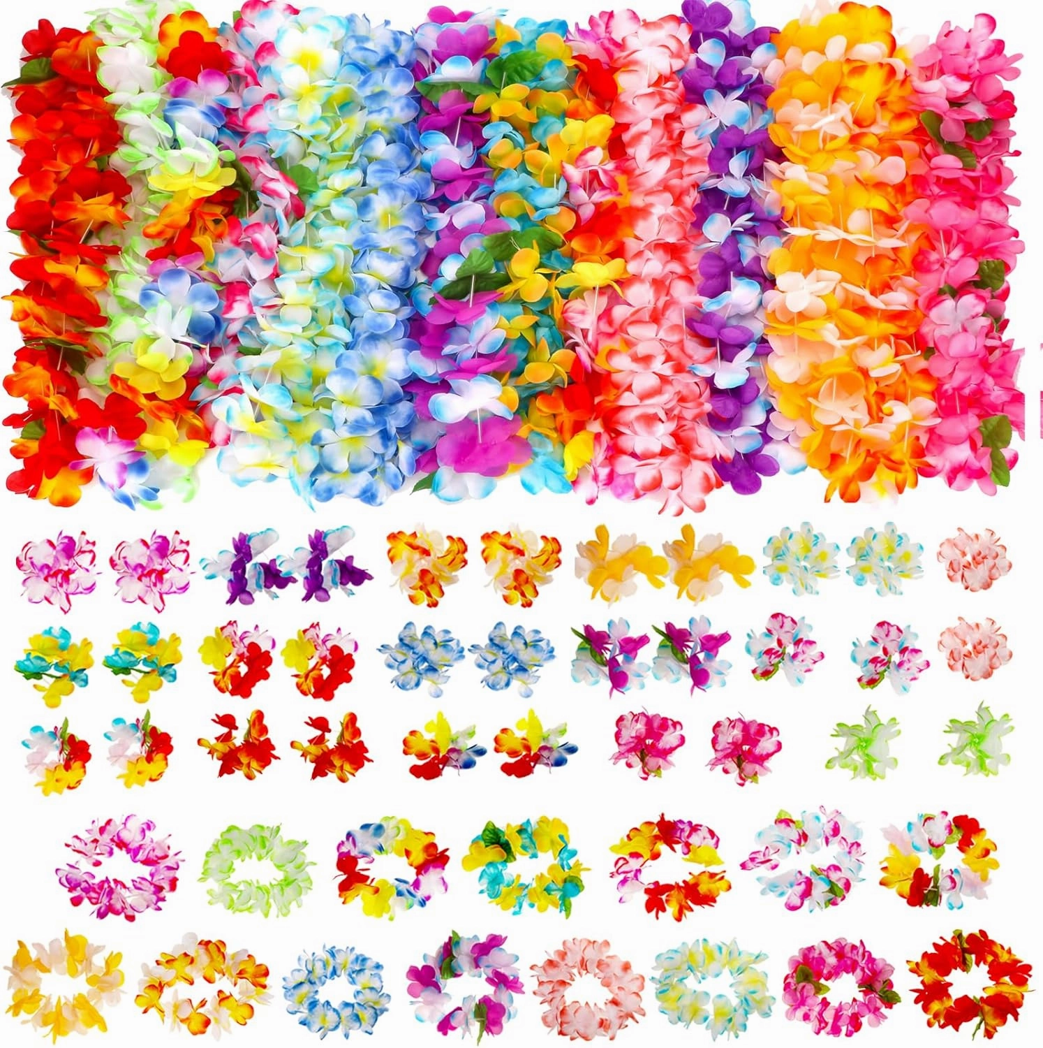 Atonofun 64 PCS Leis for Luau Party - Tropical Tiki Flowers Necklaces, Hawaiian Leis Bracelets, Headbands for Adults Hawaiian Beach Luau Party Favors Supplies