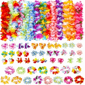 Atonofun 64 PCS Leis for Luau Party - Tropical Tiki Flowers Necklaces, Hawaiian Leis Bracelets, Headbands for Adults Hawaiian Beach Luau Party Favors Supplies