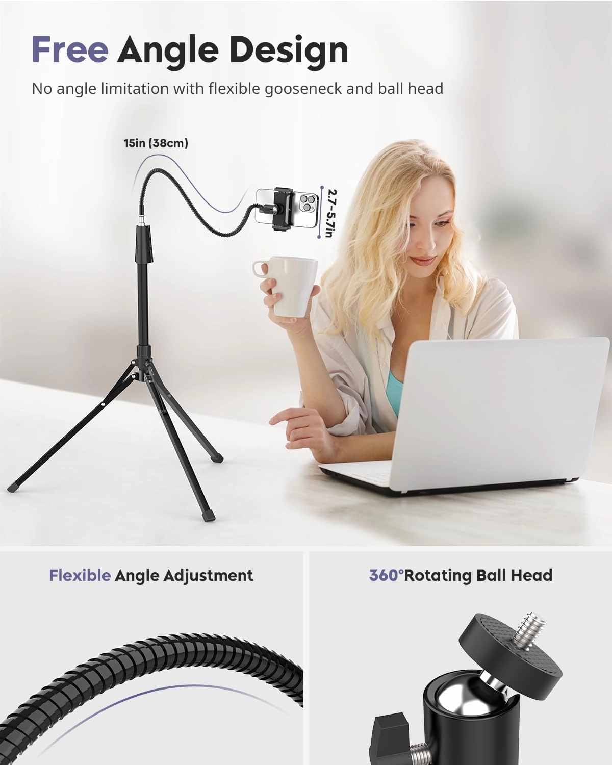 Aureday Phone Tripod, 92" Cell Phone Stand With 15" Gooseneck, Remote and Phone Holder, Overhead & Selfie Stick for Recording/Watching/Vlog, Compatible With iPhone Android