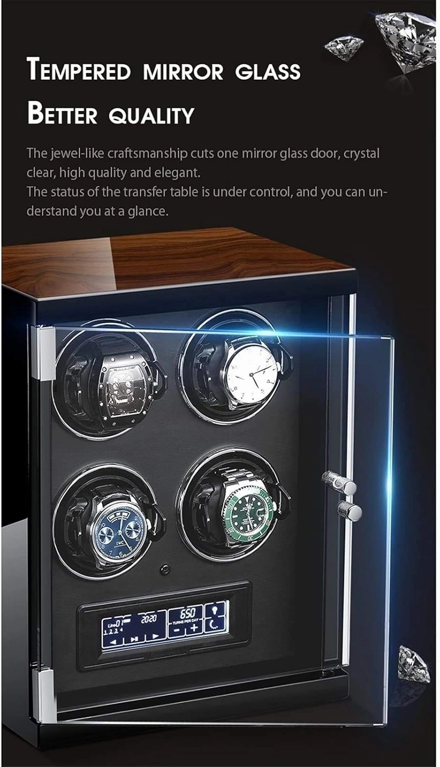 Automatic Single Watch Winder Extremely Silent Motor LCD with Touch Panel with LED Backlight with 5 Rotation Mode Setting with Remote Control Wood Shell Piano Paint Exterior