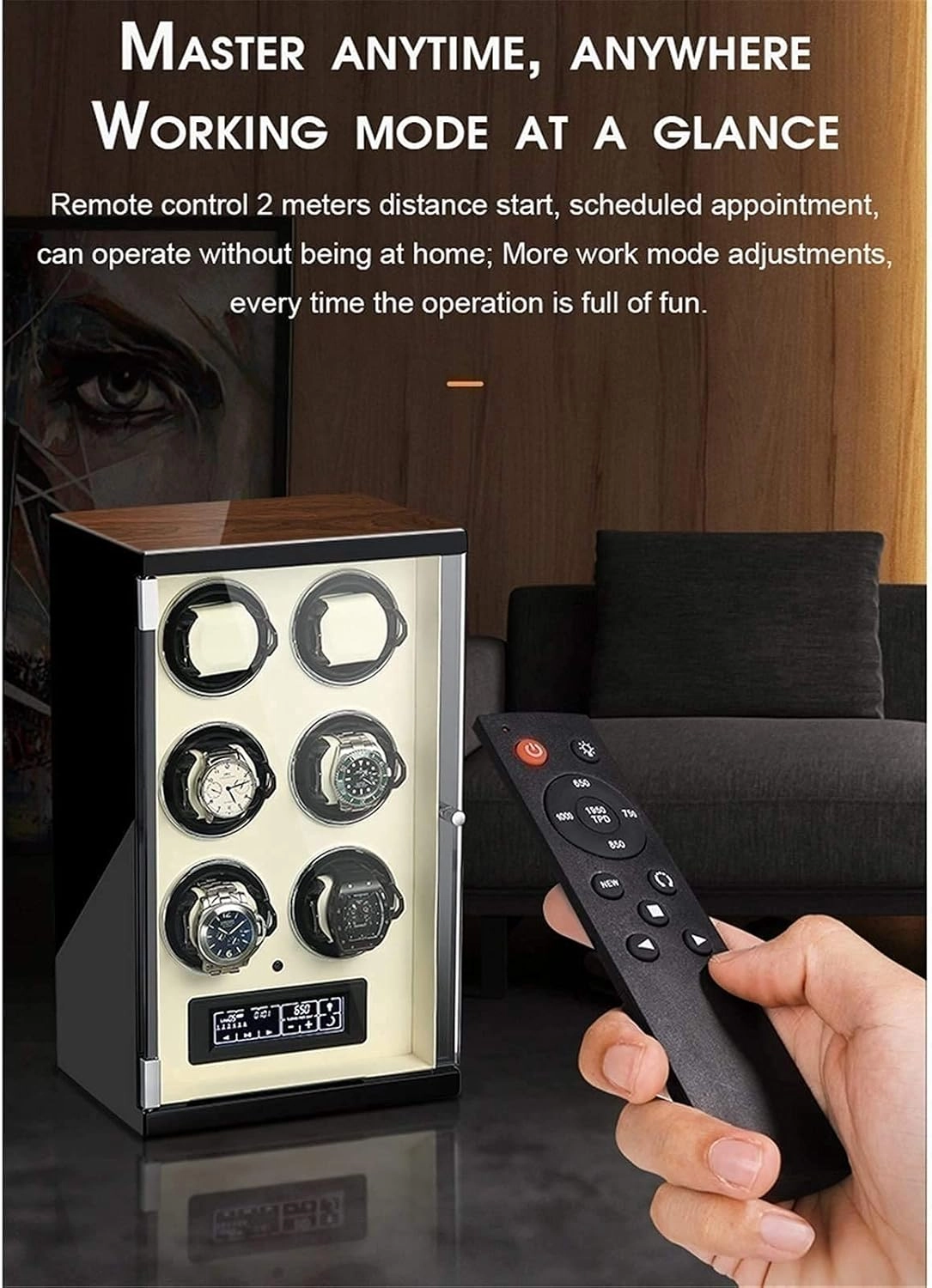 Automatic Single Watch Winder Extremely Silent Motor LCD with Touch Panel with LED Backlight with 5 Rotation Mode Setting with Remote Control Wood Shell Piano Paint Exterior (Beige 4 epitope)