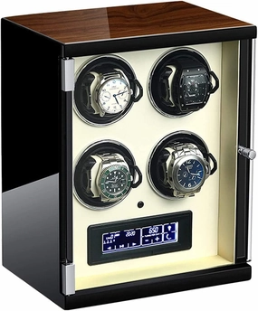 Automatic Single Watch Winder Extremely Silent Motor LCD with Touch Panel with LED Backlight with 5 Rotation Mode Setting with Remote Control Wood Shell Piano Paint Exterior (Beige 4 epitope)
