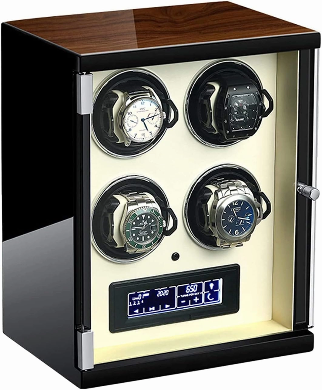 Automatic Single Watch Winder Extremely Silent Motor LCD with Touch Panel with LED Backlight with 5 Rotation Mode Setting with Remote Control Wood Shell Piano Paint Exterior (Beige 4 epitope)