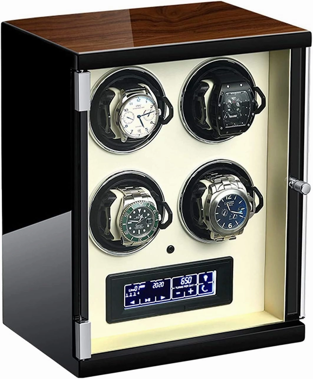 Automatic Single Watch Winder Extremely Silent Motor LCD with Touch Panel with LED Backlight with 5 Rotation Mode Setting with Remote Control Wood Shell Piano Paint Exterior (Beige 4 epitope)
