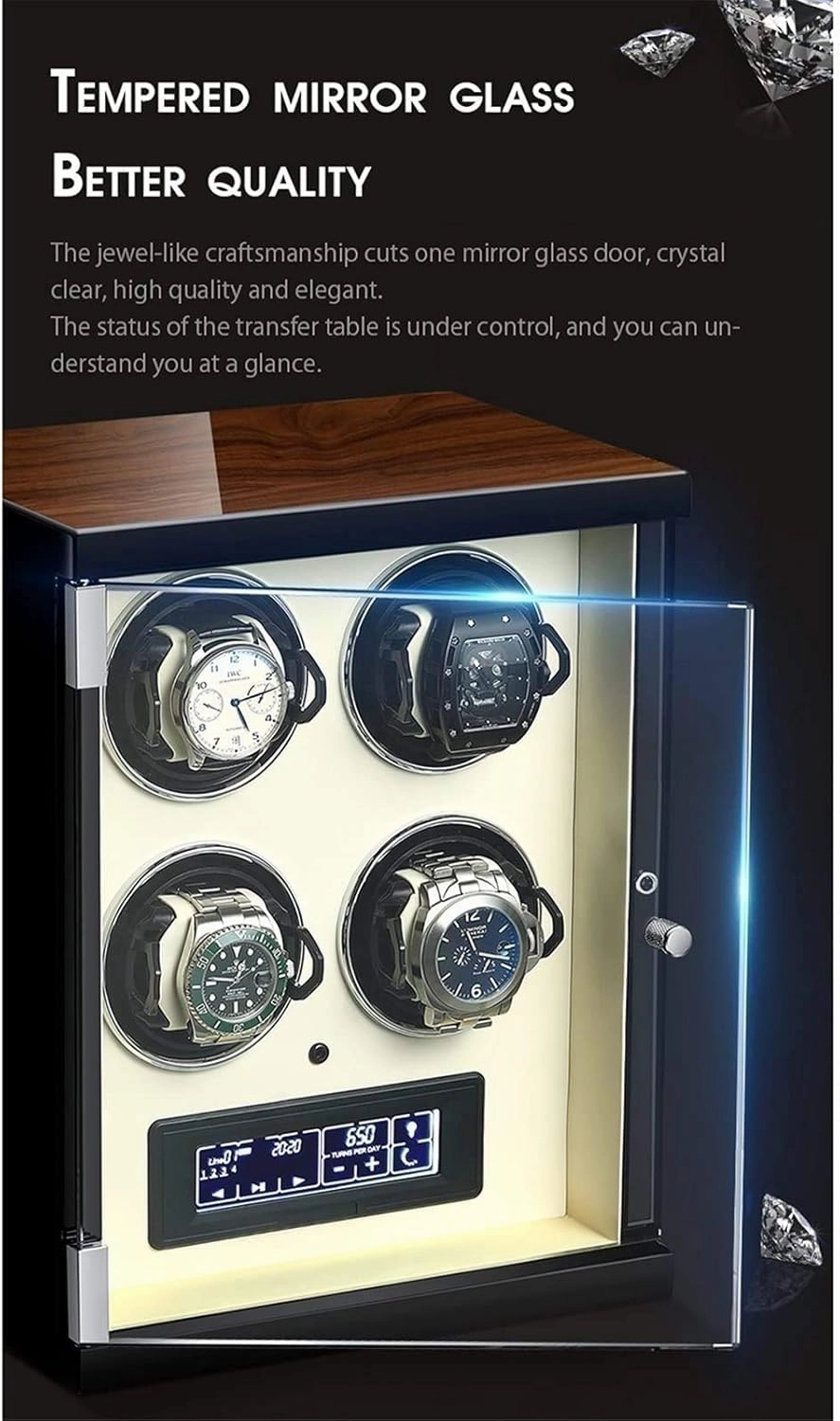 Automatic Single Watch Winder Extremely Silent Motor LCD with Touch Panel with LED Backlight with 5 Rotation Mode Setting with Remote Control Wood Shell Piano Paint Exterior