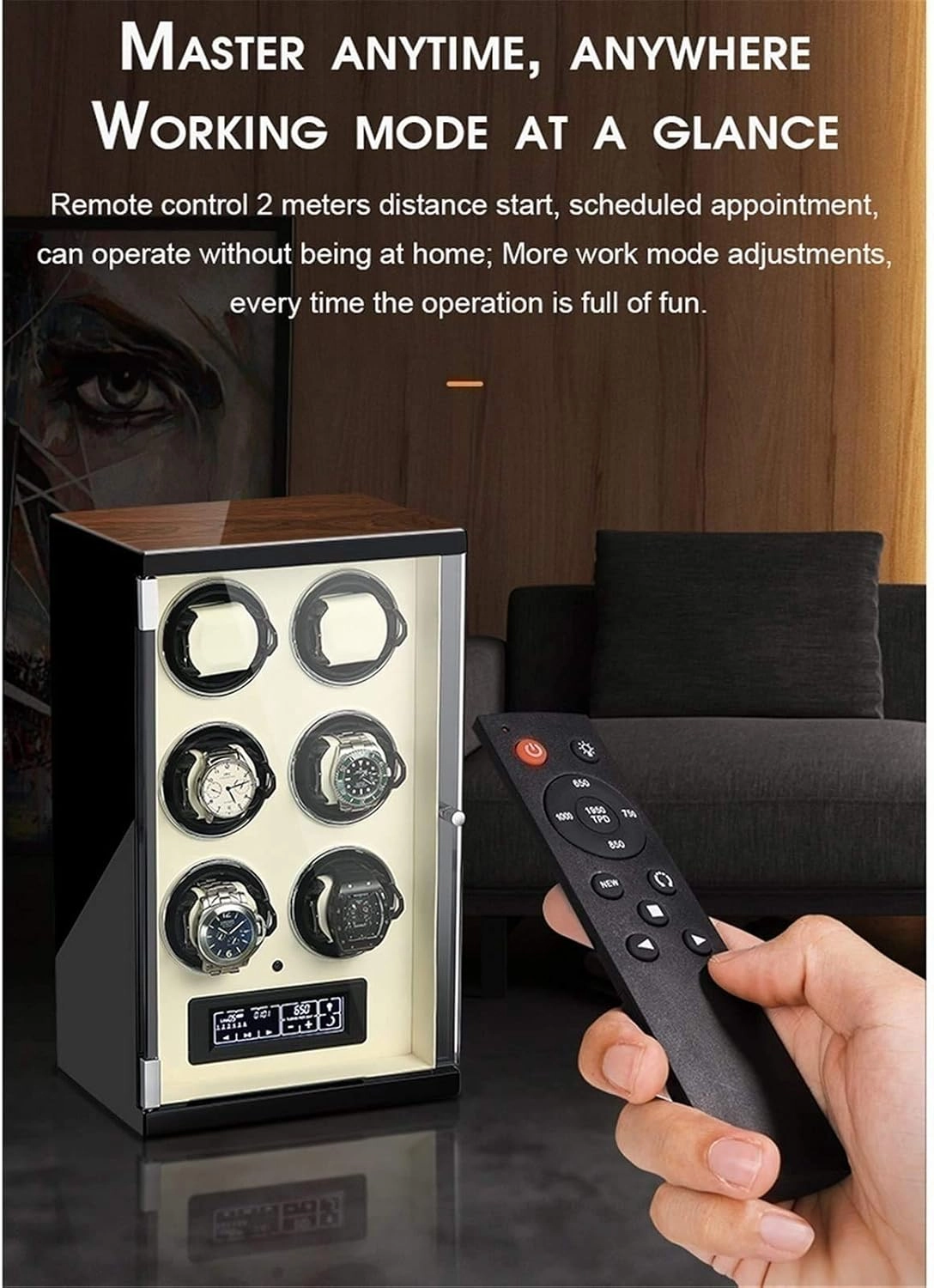 Automatic Single Watch Winder Extremely Silent Motor LCD with Touch Panel with LED Backlight with 5 Rotation Mode Setting with Remote Control Wood Shell Piano Paint Exterior