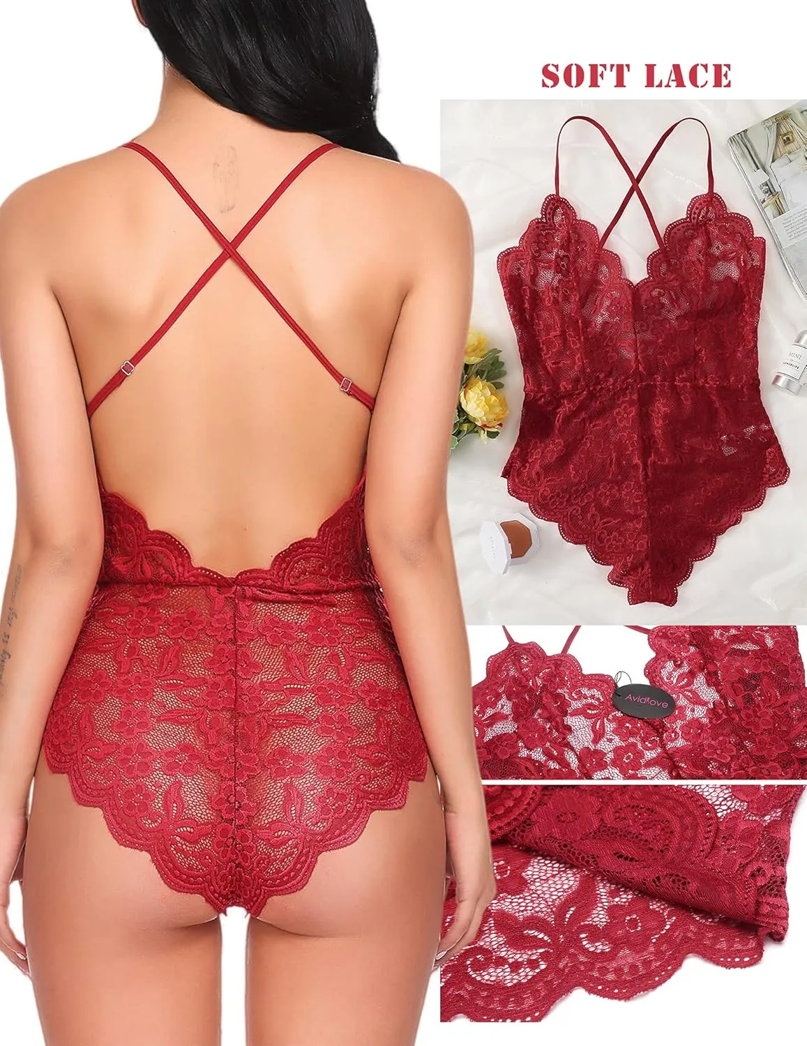 Avidlove Women One Piece Lingerie Deep V Teddy Sexy Lace Bodysuit Snap Crotch Babydoll