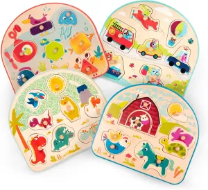 B. Toys- 4 Wooden Peg Puzzles- Dinosaurs, Sea Animals, Vehicles, Farm – Puzzles for Toddlers, Kids – 18 Months  