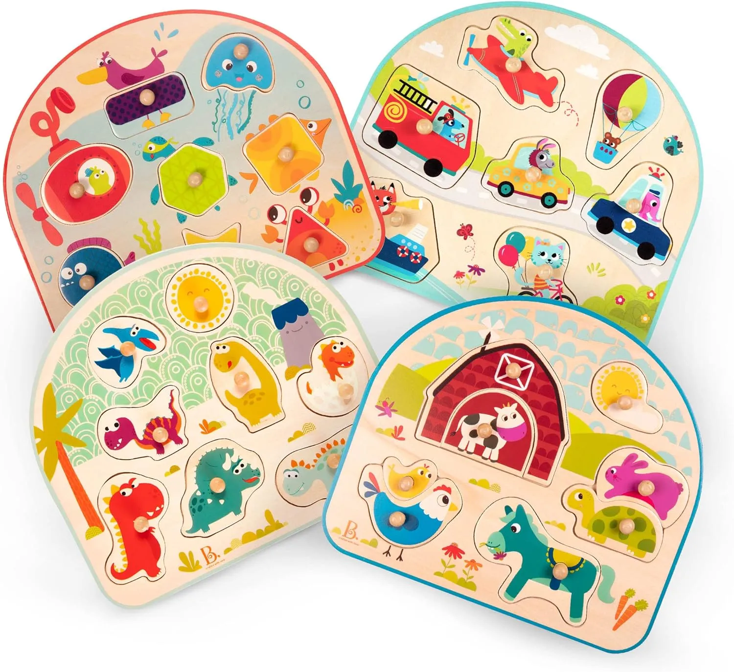 B. Toys- 4 Wooden Peg Puzzles- Dinosaurs, Sea Animals, Vehicles, Farm – Puzzles for Toddlers, Kids – 18 Months  