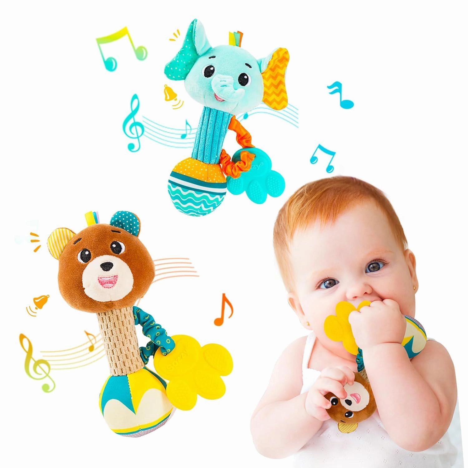 Baby rattles 0-6 months, Set of 2 rattles for babies 0-6 months, Soft Stuffed Animal Rattle Hand Grip Baby Toys, baby rattle Shaker Crinkle Squeaky Sensory Travel Accessories for 0 3 6 9 12 Months old
