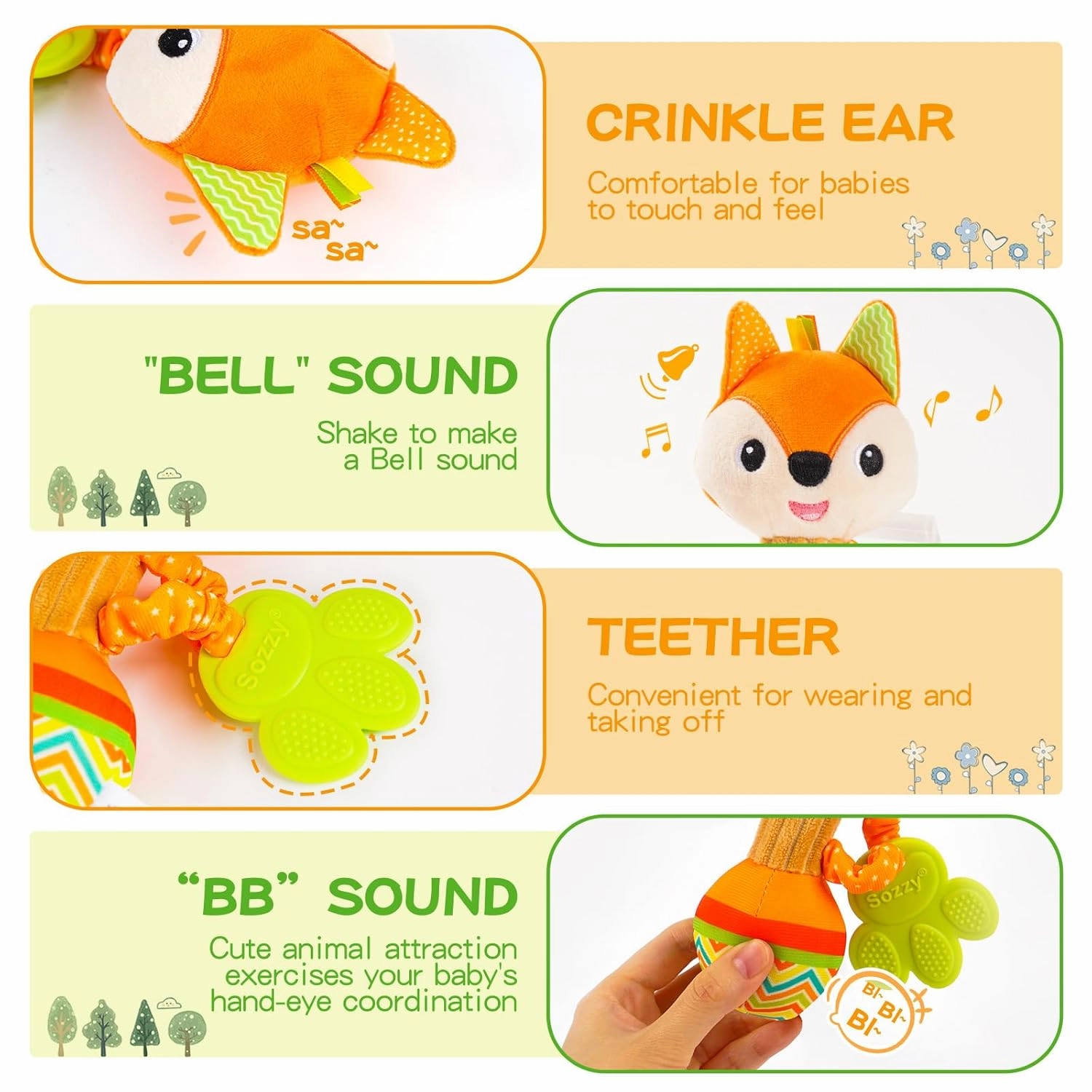 Baby rattles 0-6 months, Set of 2 rattles for babies 0-6 months, Soft Stuffed Animal Rattle Hand Grip Baby Toys, baby rattle Shaker Crinkle Squeaky Sensory Travel Accessories for 0 3 6 9 12 Months old