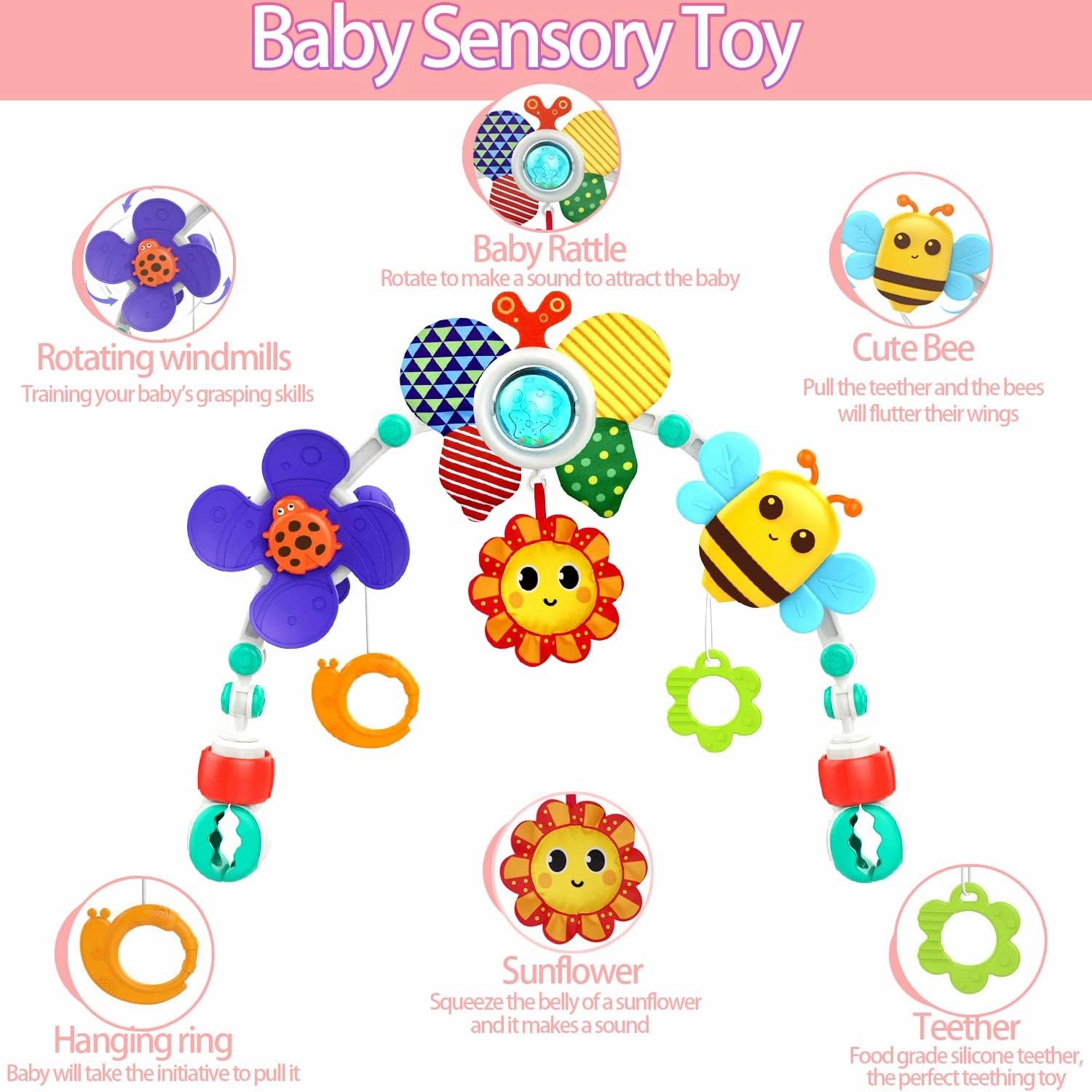 Baby Stroller Arch Toy: Infant Crib Bassinet Toys Adjustable Hanging Activity Arch with Play Accessories, Sensory Travel Car Seat Toys for Toddler Boy Girl 0-6 6-12 12-18 Months (Butterfly)
