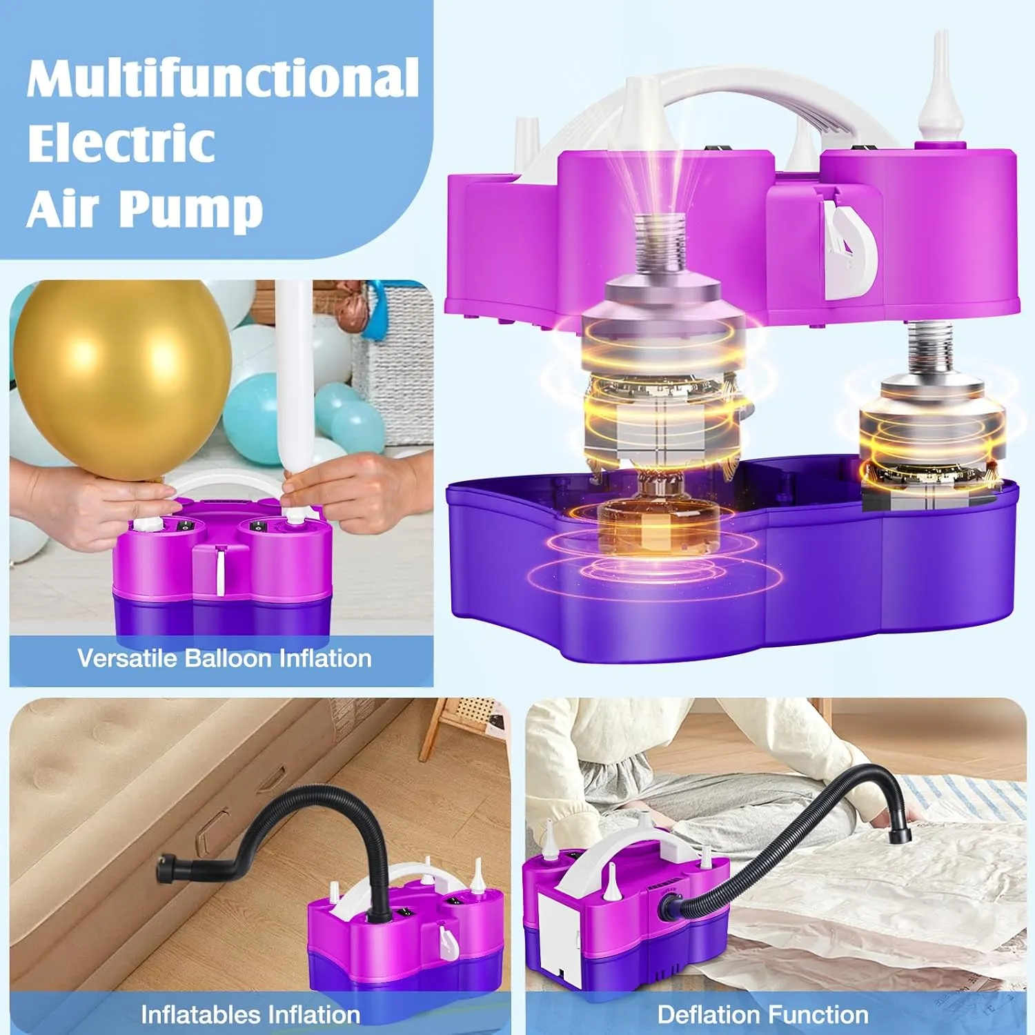 Balloon Pump Electric, 3-in-1 Portable Air Pump for Balloons and Inflatables, Fast Inflator Deflator for Pool Floats, Air Mattress, Birthday Party Decorations
