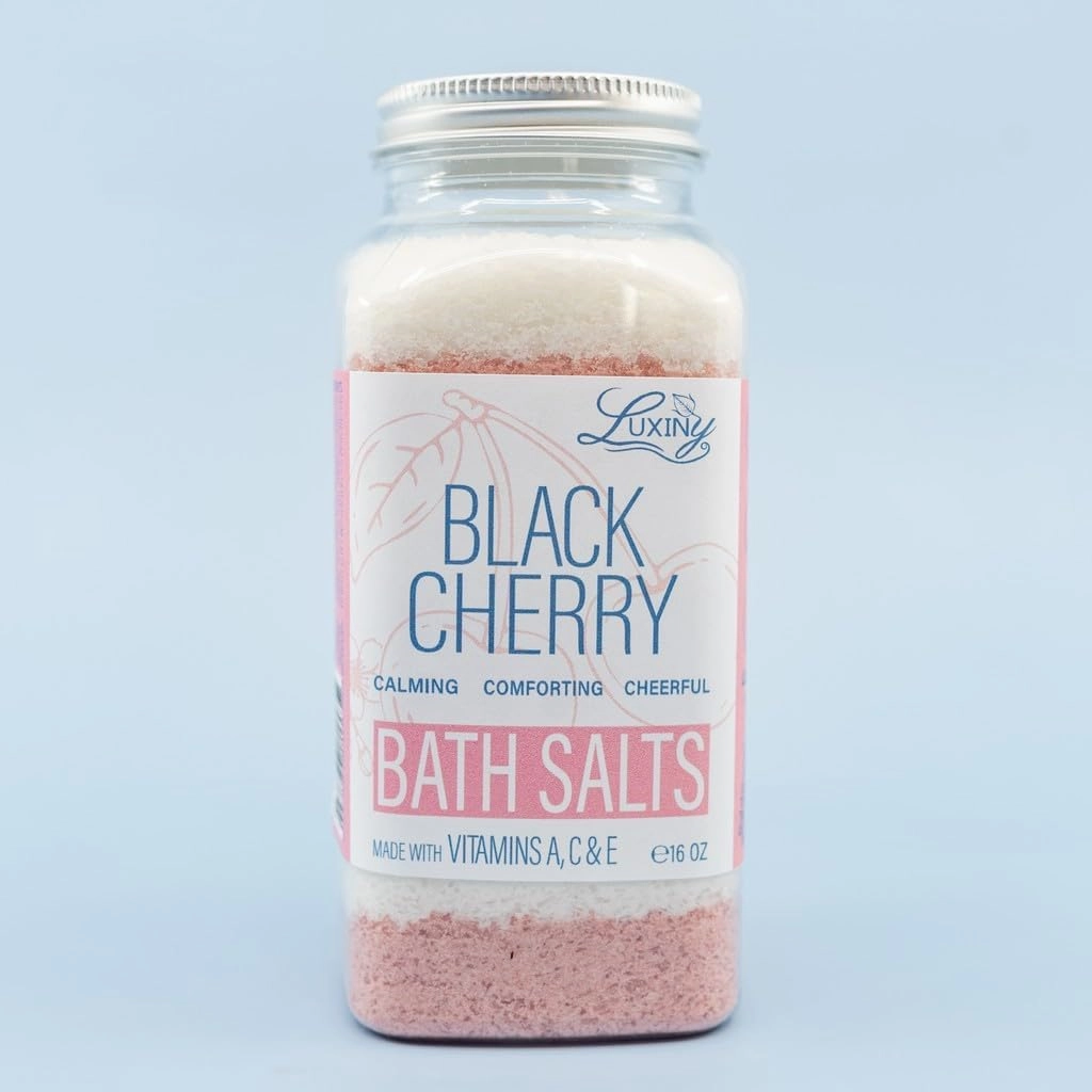 Bath Salts for Women, Relaxing Sea Salt Bath Soak with Moisturizing Almond Oil, and Fragrance Oils Made in The USA by Luxiny, 16 oz. (Black Cherry)
