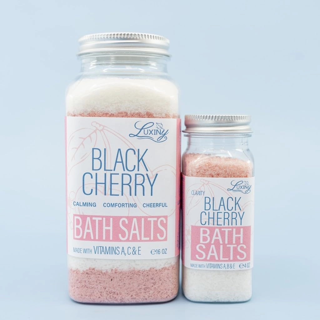 Bath Salts for Women, Relaxing Sea Salt Bath Soak with Moisturizing Almond Oil, and Fragrance Oils Made in The USA by Luxiny, 16 oz. (Black Cherry)