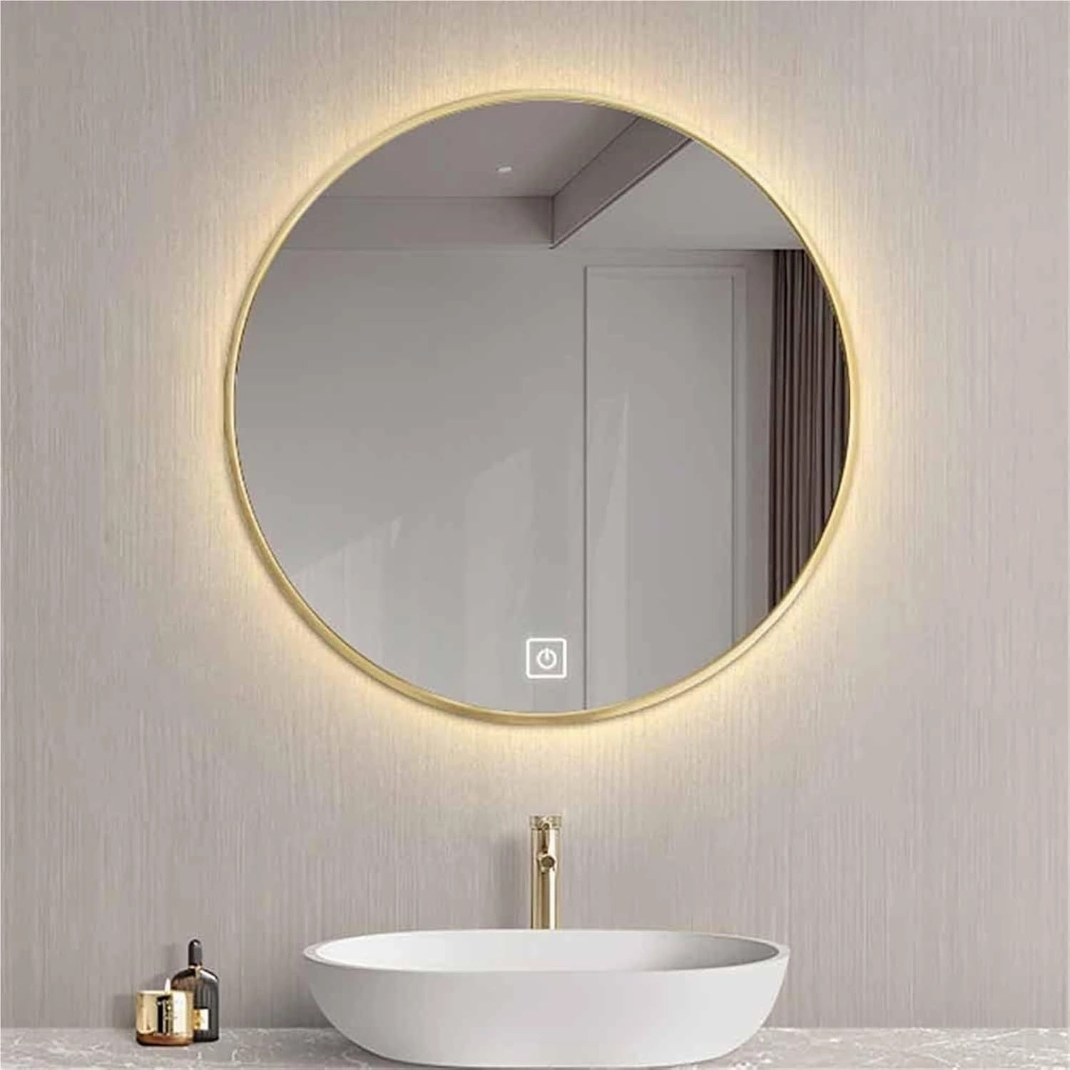 Bathroom Mirror, 3-Color Dimmable Round HD Makeup Mirror with Adjustable Brightness(Gold,90CM/36INCH-A)