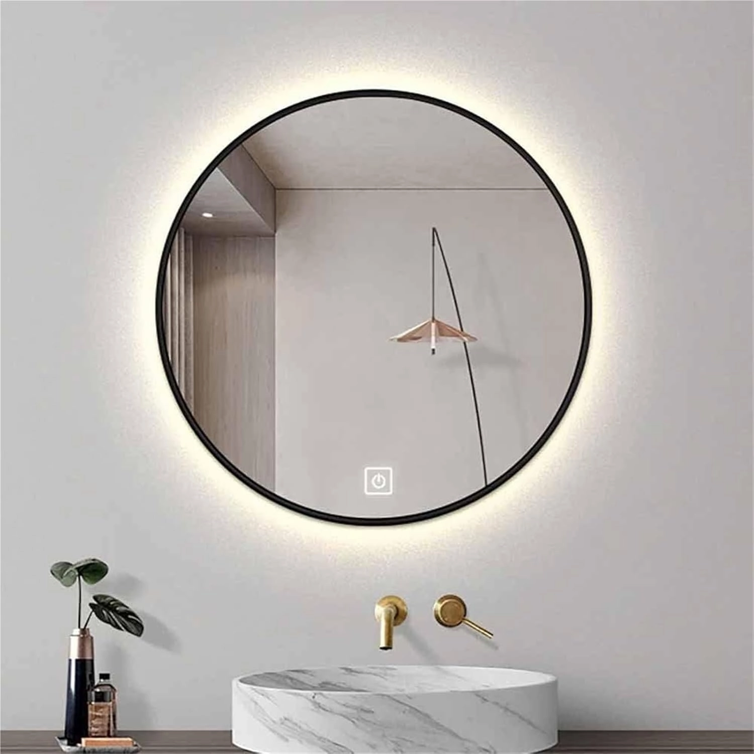 Bathroom Mirror, 3-Color Dimmable Round High-Definition Makeup Mirror with Adjustable Brightness(Noir,90CM/36INCH-A)