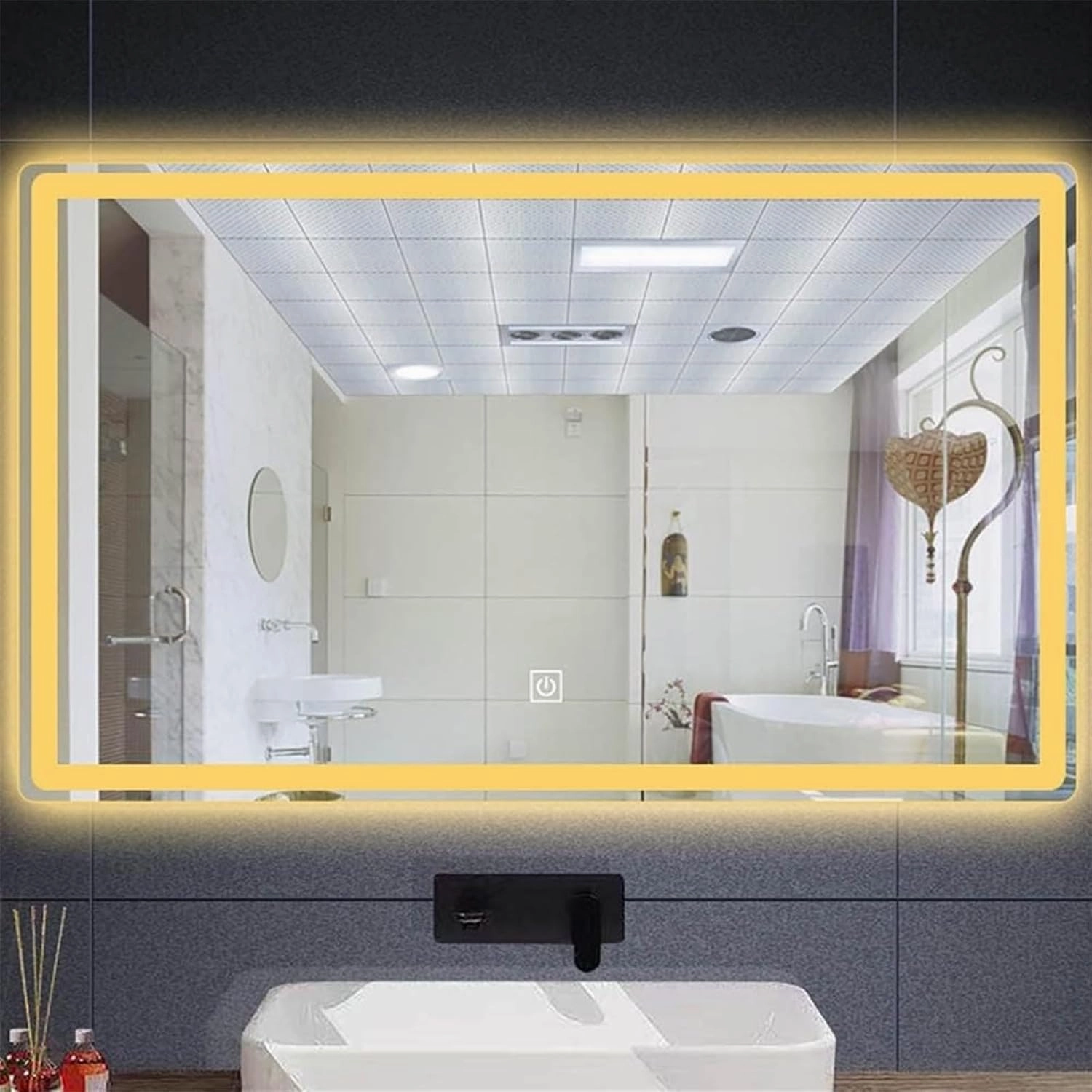 Bathroom Mirror, Rectangular Decorative LED Makeup Mirror with Anti-Fog and Smart Touch Buttons(Warm Light,700m*900mm)