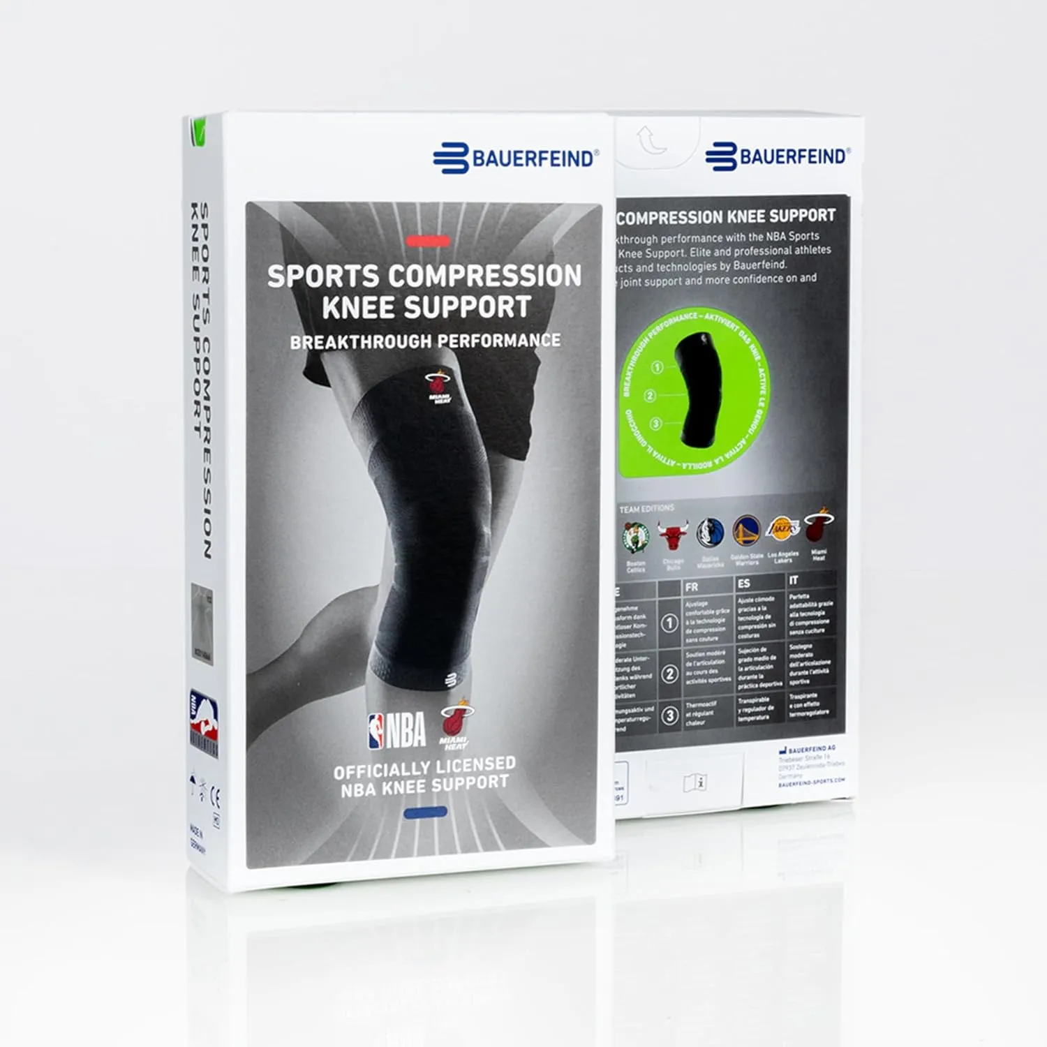 Bauerfeind Sports Compression Knee Support NBA Miami Heat - Lightweight Design with Gripping Zones for Basketball Knee Pain Relief & Performance (Heat, L)