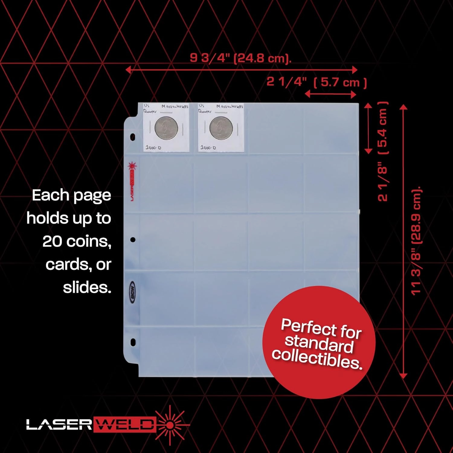 BCW LaserWeld 20-Pocket Coin Pages | 50 Count | Archival Acid-Free 3-Ring Binder Pages for Coins, Cards & Slides | Strong, Flat Laser-Welded Seams