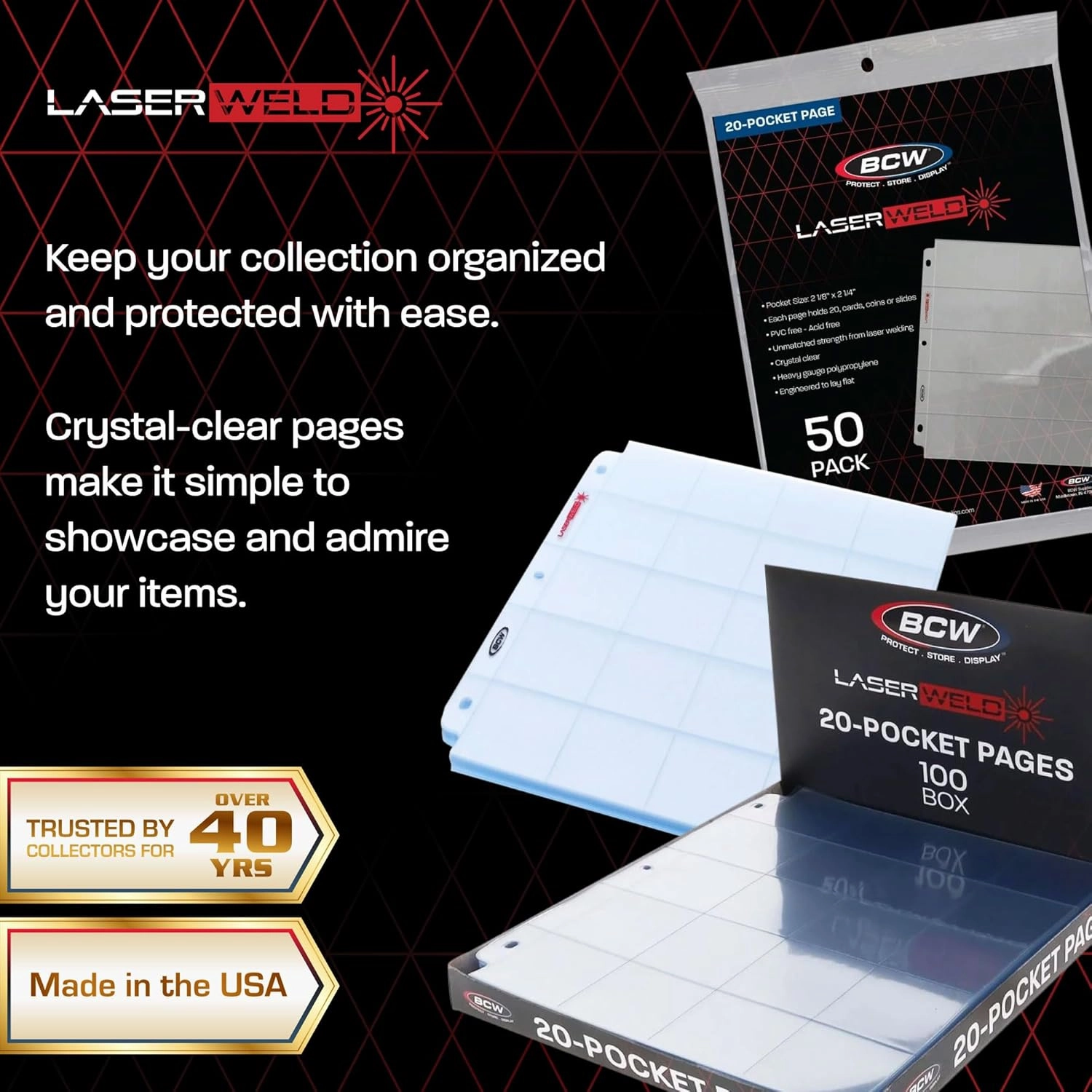 BCW LaserWeld 20-Pocket Coin Pages | 50 Count | Archival Acid-Free 3-Ring Binder Pages for Coins, Cards & Slides | Strong, Flat Laser-Welded Seams