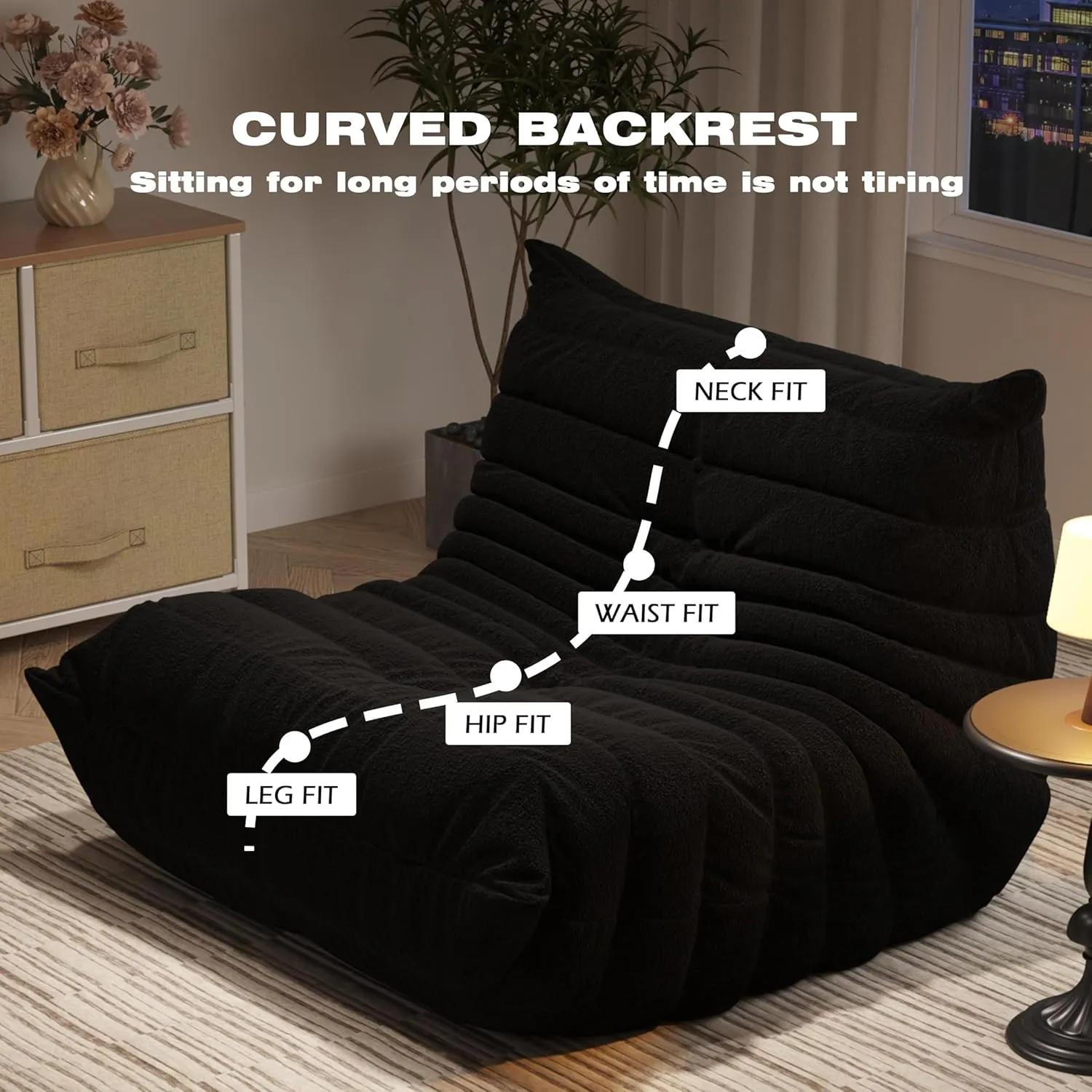 Bean Bag Chairs for Adults, Memory Foam Couch Single Sofa Chair, Soft Teddy Material Cozy Comfy Reading Nook Chairs, Floor Chair for Living Room Bedroom Office (Black)