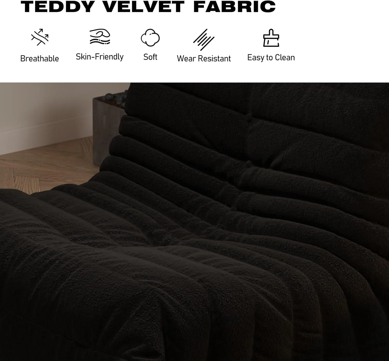 Bean Bag Chairs for Adults, Memory Foam Couch Single Sofa Chair, Soft Teddy Material Cozy Comfy Reading Nook Chairs, Floor Chair for Living Room Bedroom Office (Black)