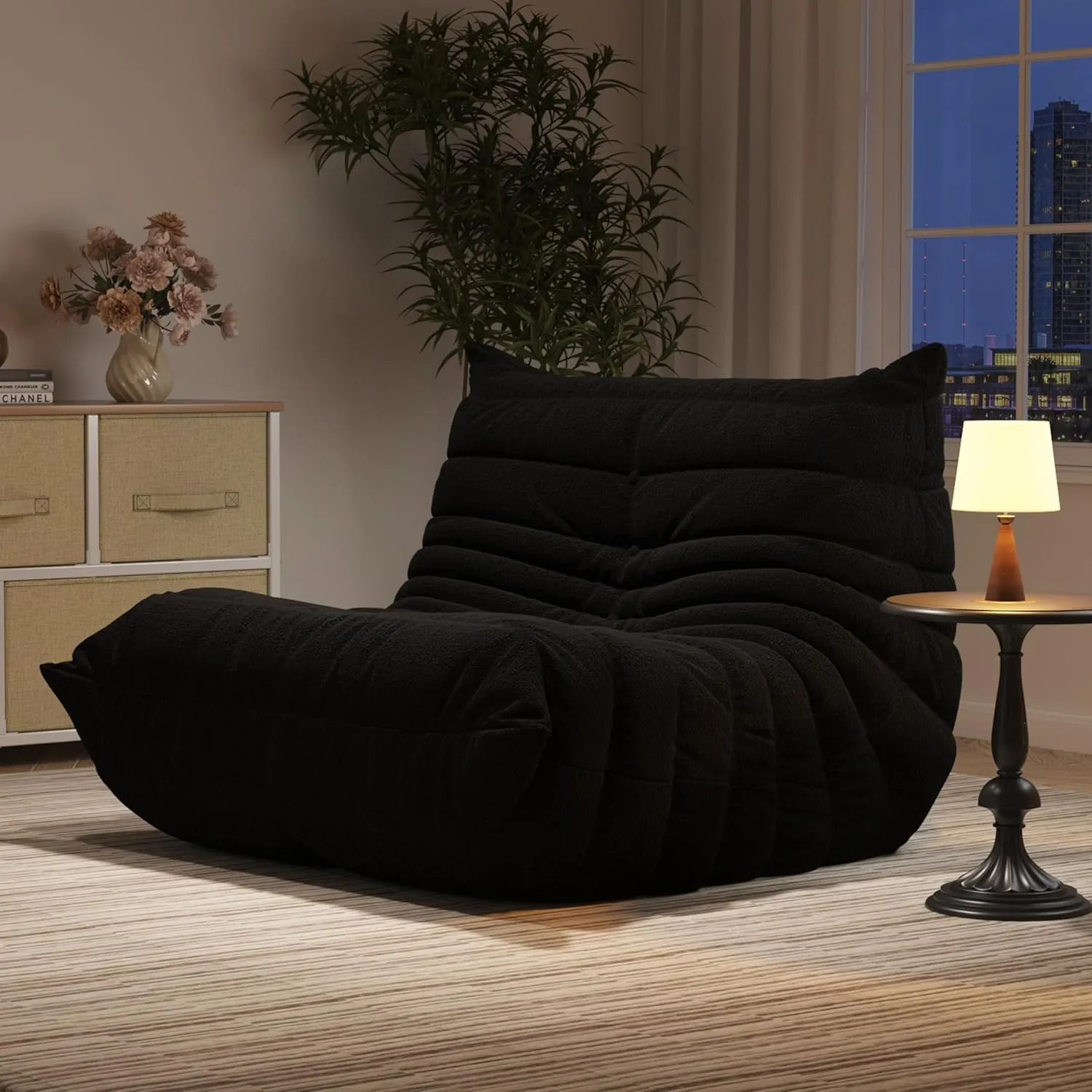 Bean Bag Chairs for Adults, Memory Foam Couch Single Sofa Chair, Soft Teddy Material Cozy Comfy Reading Nook Chairs, Floor Chair for Living Room Bedroom Office (Black)