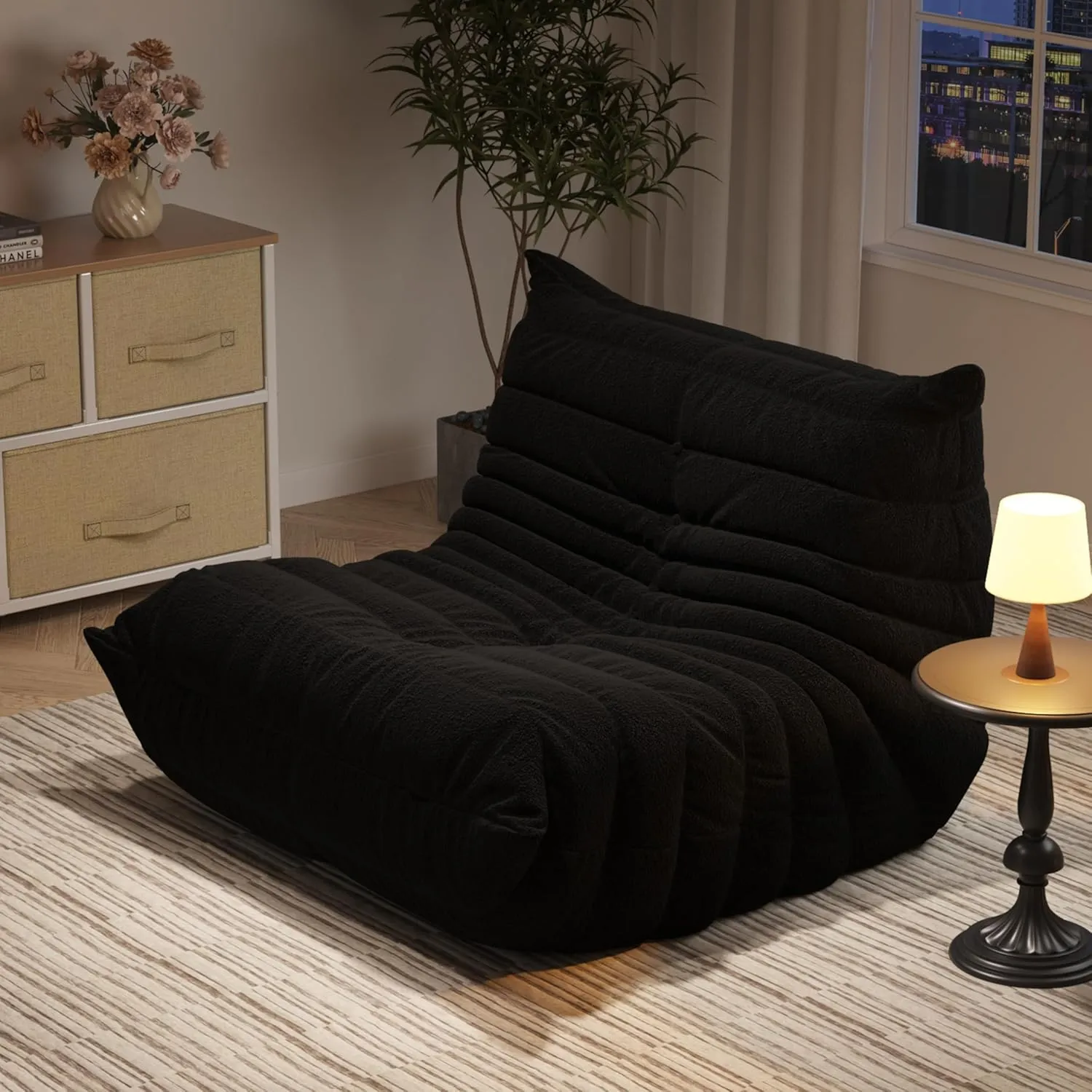 Bean Bag Chairs for Adults, Memory Foam Couch Single Sofa Chair, Soft Teddy Material Cozy Comfy Reading Nook Chairs, Floor Chair for Living Room Bedroom Office (Black)