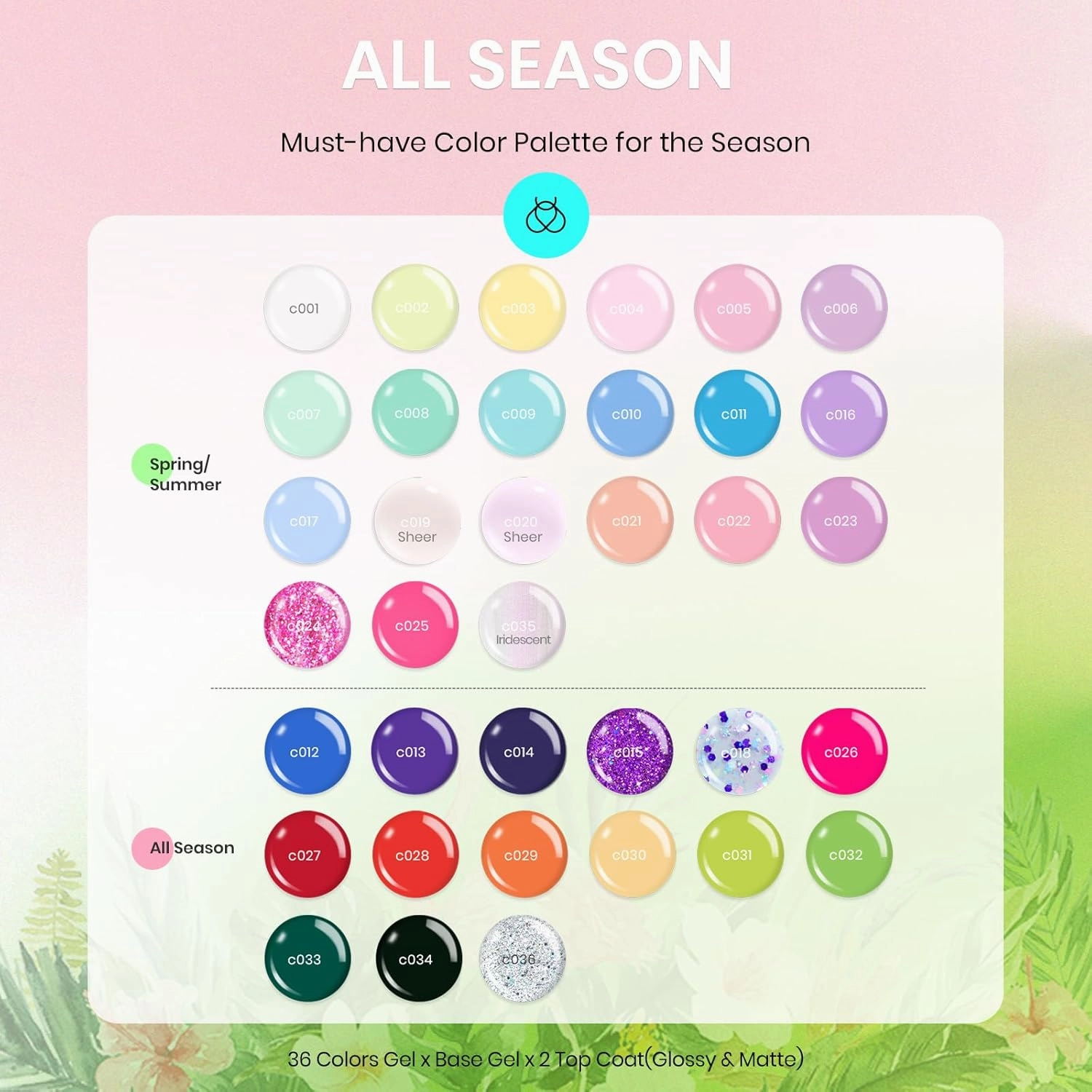 beetles Summer Gel Polish Nail Set 36 Colors Floral Rhapsody Collection Pastel Bright Girly Sparkle Glitter Polish with 3Pcs Base Matte & Glossy Top Soak off Uv Lamp All Seasons Gifts for Her