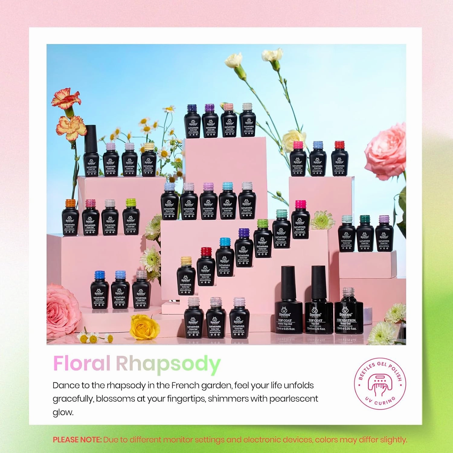 beetles Summer Gel Polish Nail Set 36 Colors Floral Rhapsody Collection Pastel Bright Girly Sparkle Glitter Polish with 3Pcs Base Matte & Glossy Top Soak off Uv Lamp All Seasons Gifts for Her