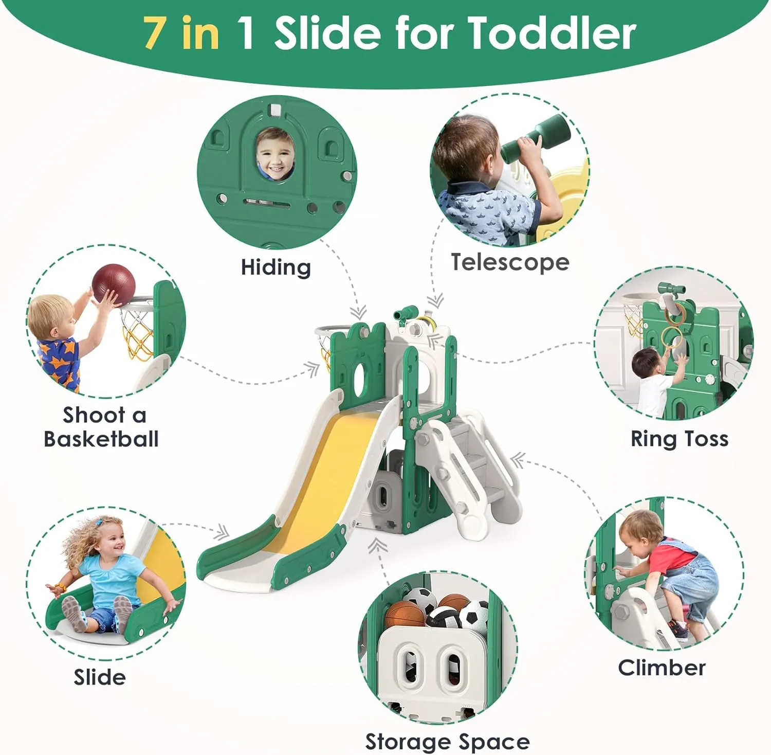 BIERUM 7 in 1 Toddler Slide, L-Shaped Kids Slide for Toddlers Age 1  with Basketball Hoop and Ball, Ring Toss, Storage Space, Outdoor Indoor Slide Playset Toddler Playground Easy Assembly Green Yellow