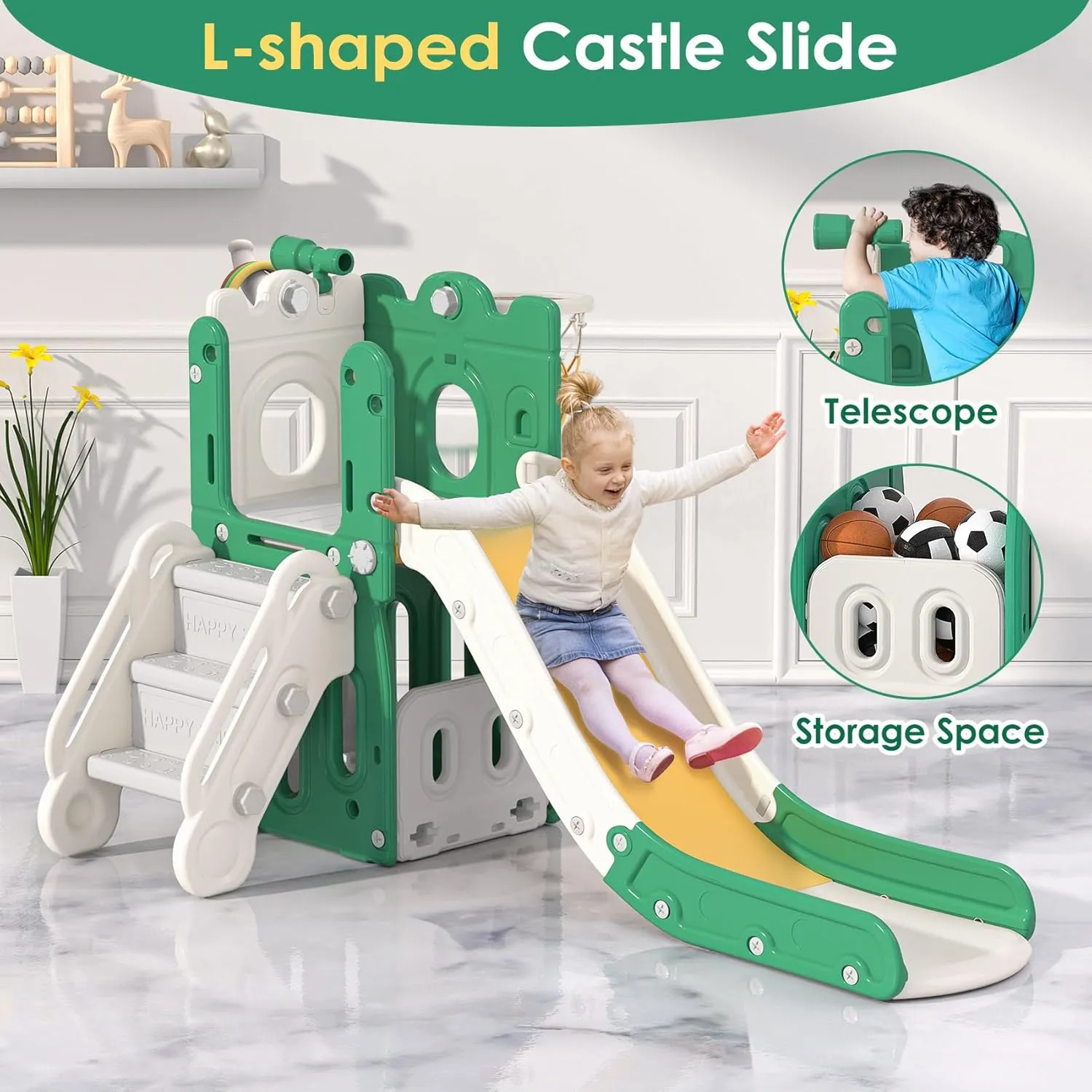 BIERUM 7 in 1 Toddler Slide, L-Shaped Kids Slide for Toddlers Age 1  with Basketball Hoop and Ball, Ring Toss, Storage Space, Outdoor Indoor Slide Playset Toddler Playground Easy Assembly Green Yellow