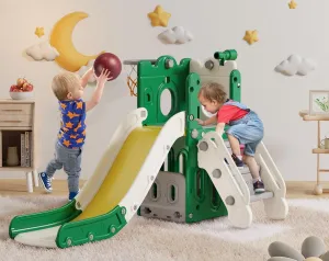 BIERUM 7 in 1 Toddler Slide, L-Shaped Kids Slide for Toddlers Age 1  with Basketball Hoop and Ball, Ring Toss, Storage Space, Outdoor Indoor Slide Playset Toddler Playground Easy Assembly Green Yellow