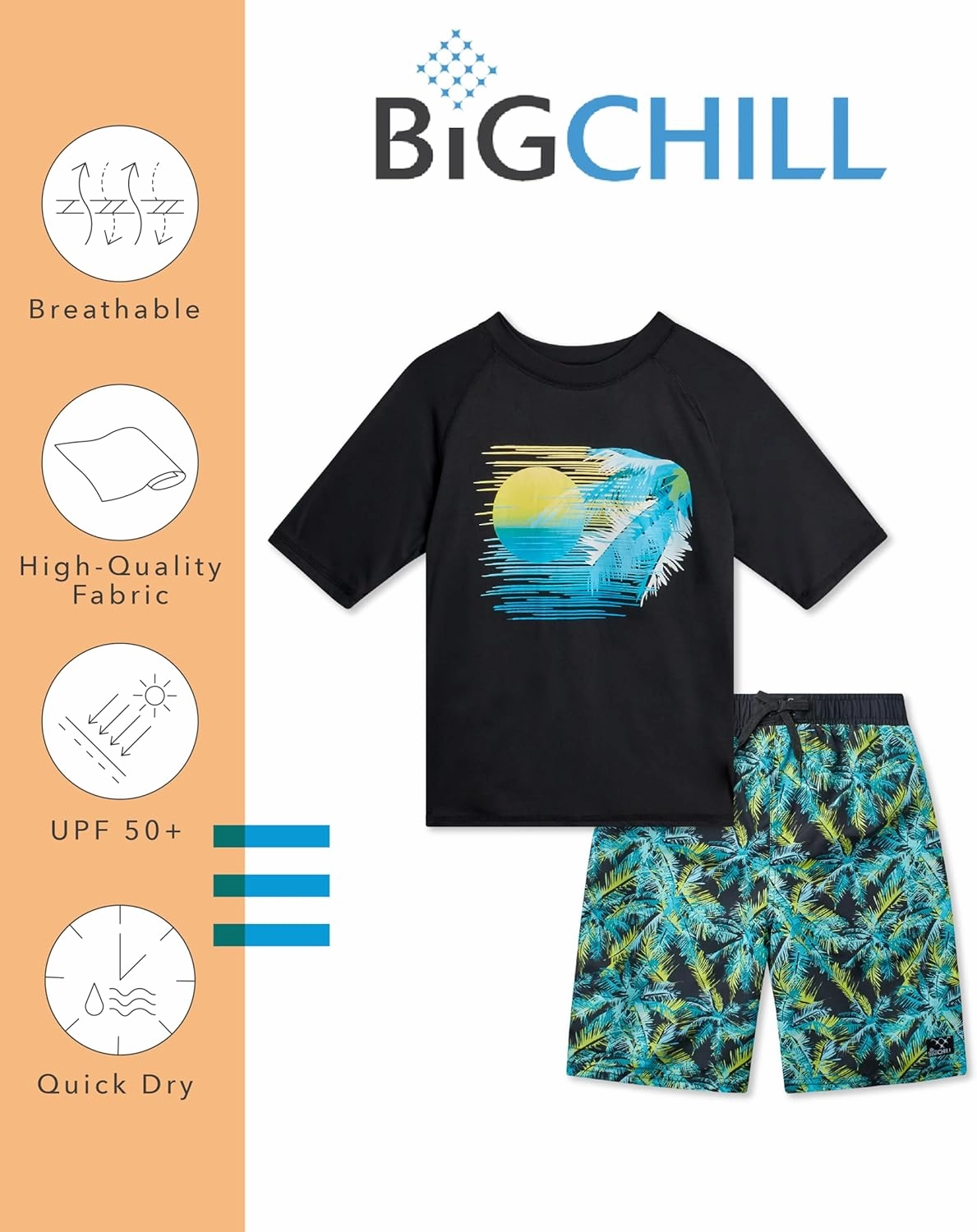 Big Chill Boys Rash Guard Set - 2 Piece UPF 50  Quick Dry Short Sleeve Swim Shirt and Swim Trunks for Boys (Sizes: 4-14)