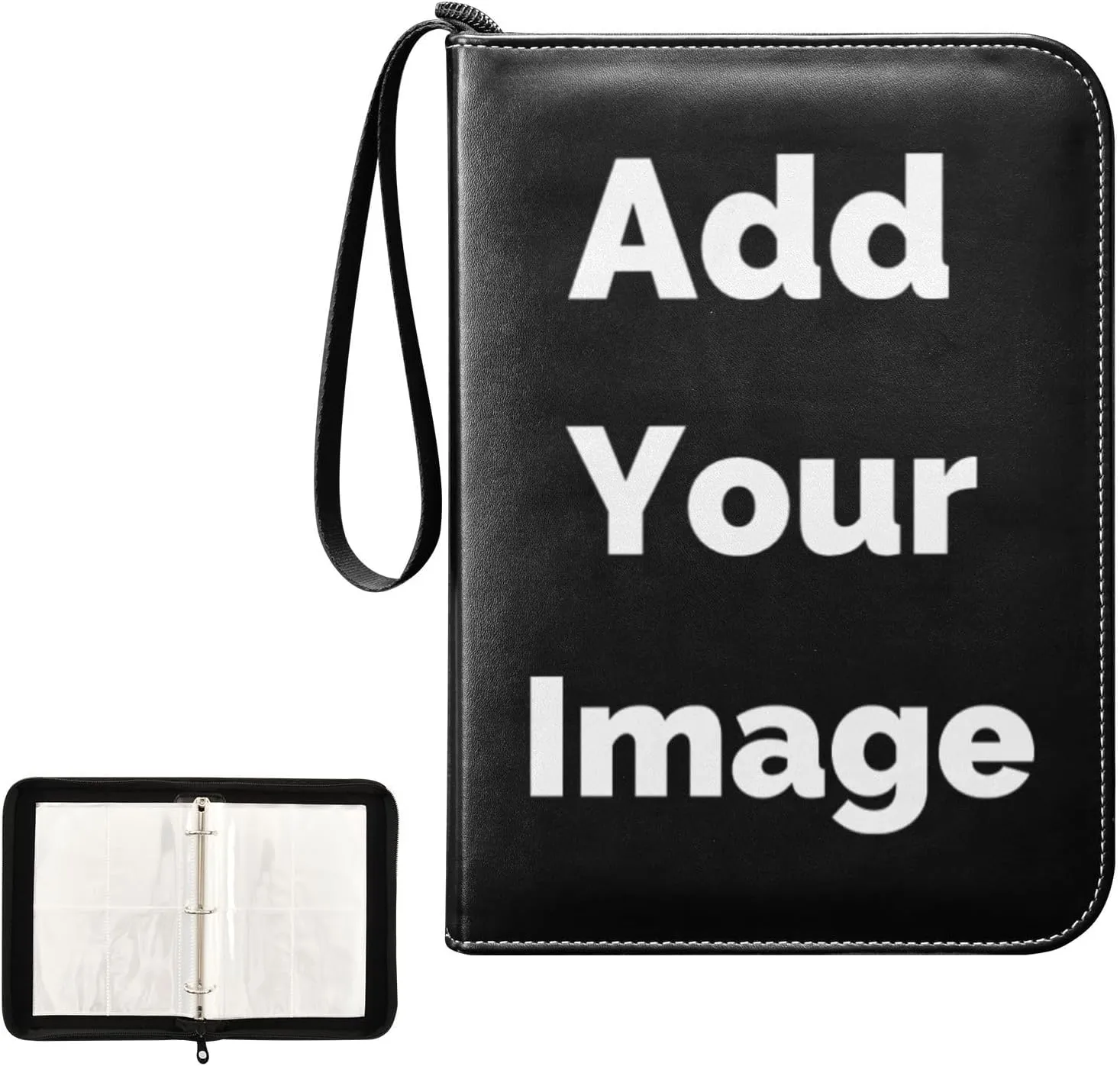 Black Custom Collector Card Binder Holder with Zipper 4 Pocket Customized Trading Card Folder Album with Sleeves for Baseball Sports Soccer Card