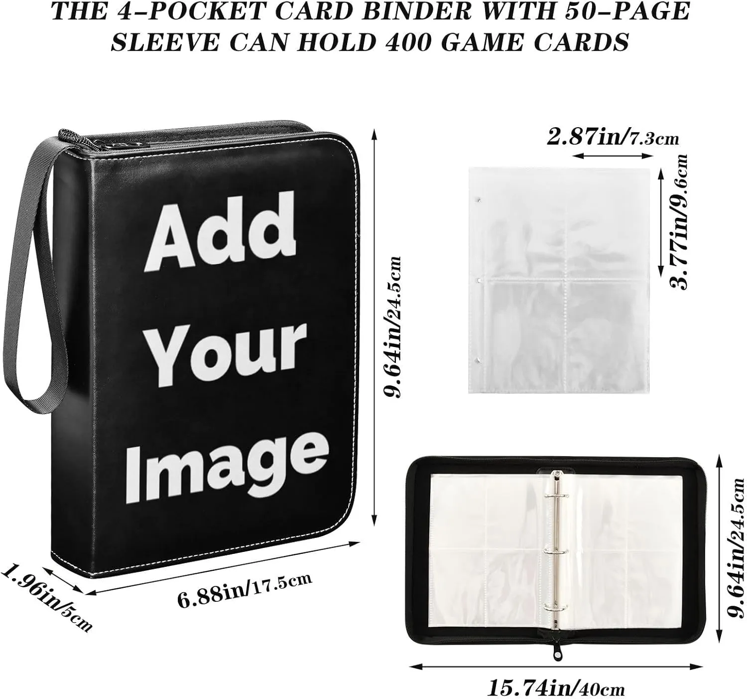 Black Custom Collector Card Binder Holder with Zipper 4 Pocket Customized Trading Card Folder Album with Sleeves for Baseball Sports Soccer Card