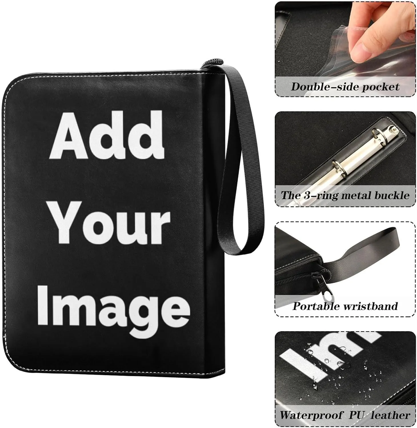 Black Custom Collector Card Binder Holder with Zipper 4 Pocket Customized Trading Card Folder Album with Sleeves for Baseball Sports Soccer Card